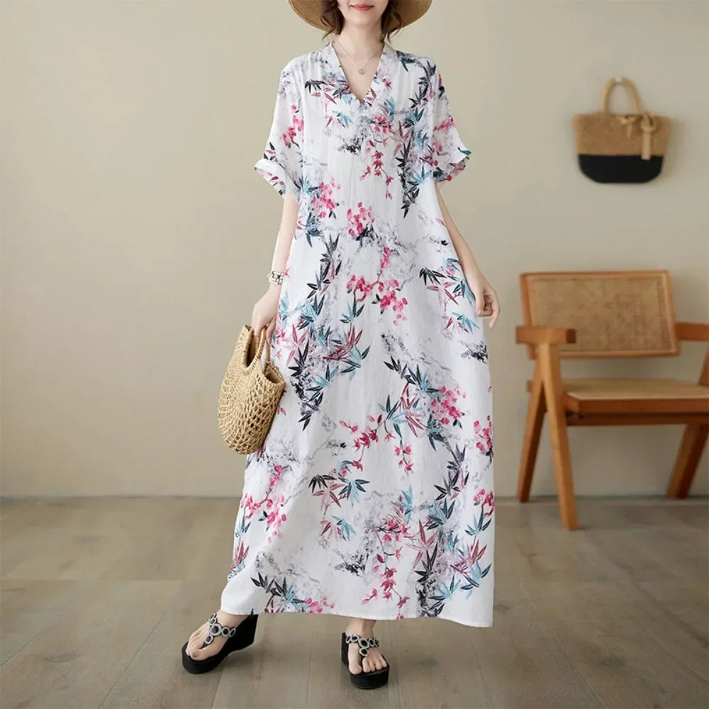 Boho Floral Cotton-Linen Summer Dress for Women – Ankle-Length, Loose Fit, O-Neck
