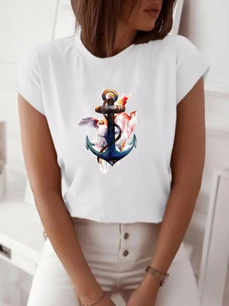 NoEnName_Null Women’s Cartoon Print Casual T-Shirt – Short Sleeve O-Neck Summer Top
