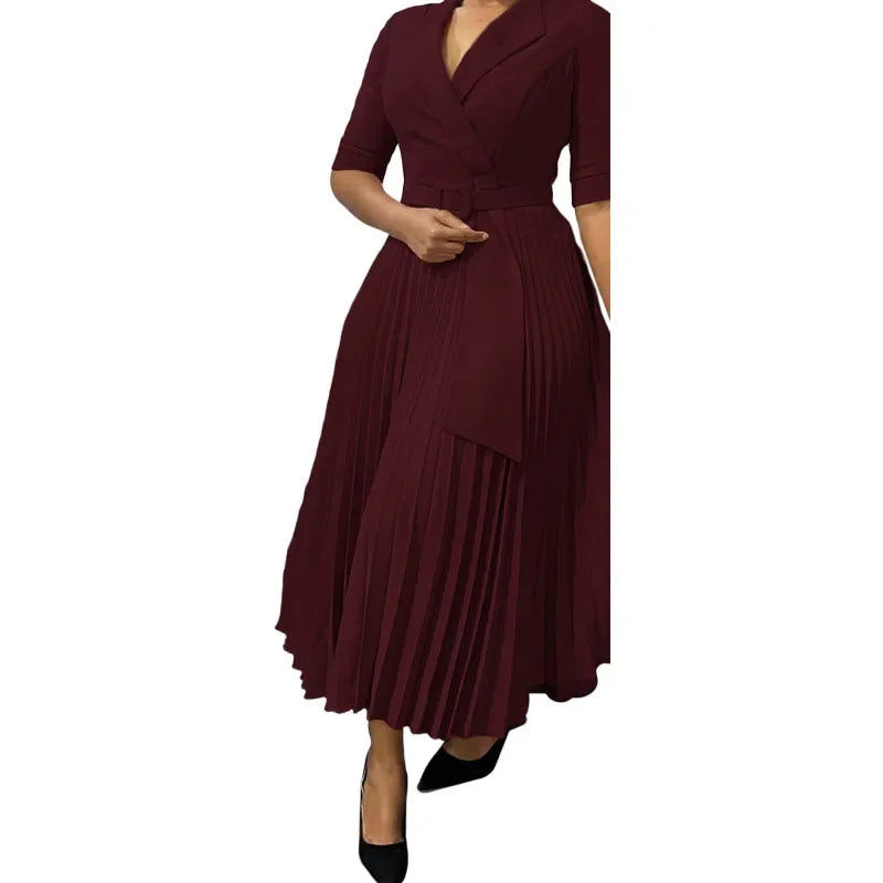 Women Autumn Elegant Half Sleeve V-neck Polyester Pleat Long Dress