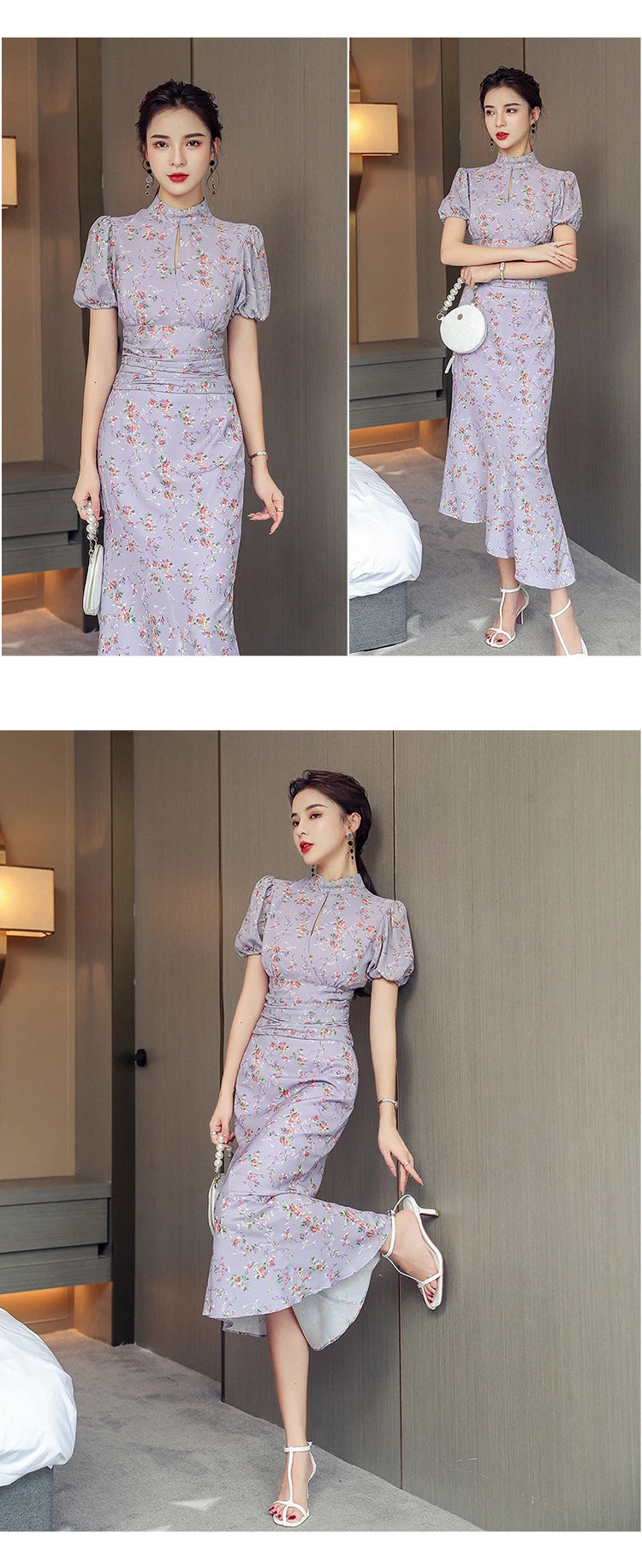 MingJieBiHuo Women's Sweet Asymmetrical Print Dress with Puff Sleeves – Summer Collection