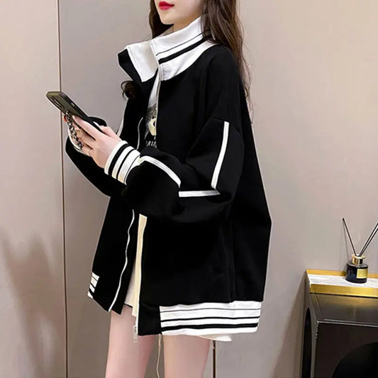 Stylish Striped Zip-Up Sweatshirt for Women - Cozy & Versatile Autumn/Winter Office Wear