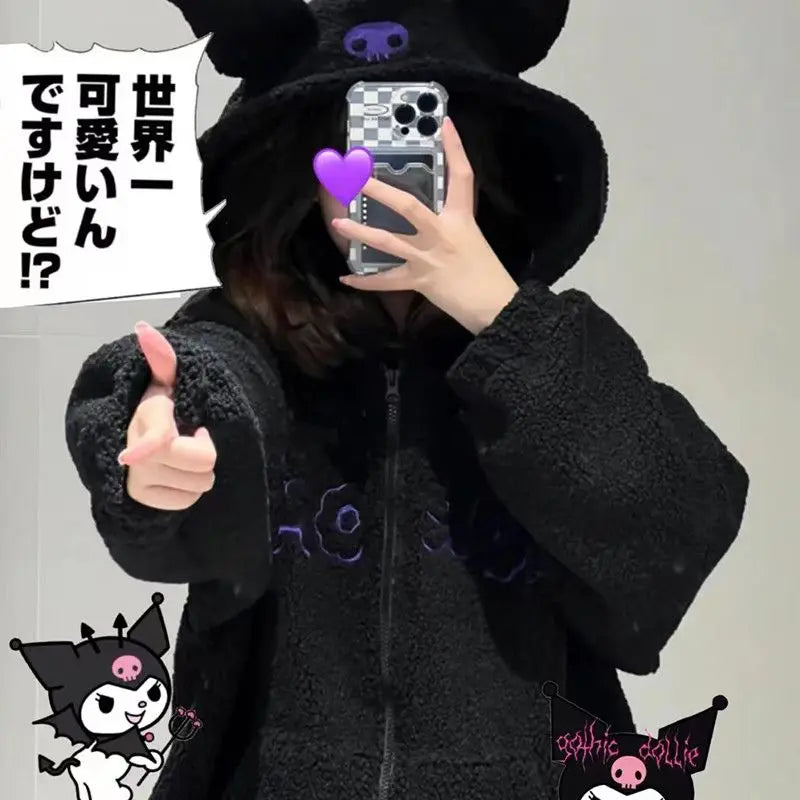 Sanrio Kuromi Hoodies Cartoon Black Embroidery Thin Coat Women Tops Autumn Looses Clothes