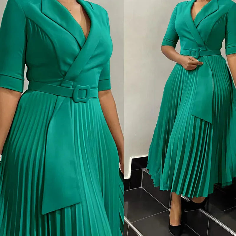 Women Autumn Elegant Half Sleeve V-neck Polyester Pleat Long Dress