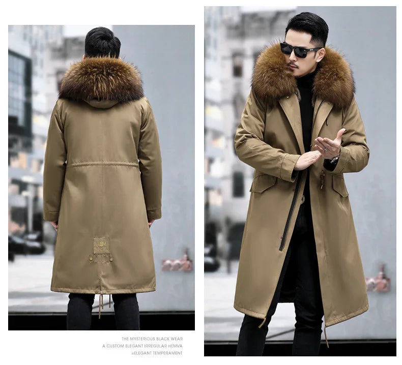 Hot Sales 2023 Men's Thickened Warm Parka Mid Length Detachable Fox Fur Lining Raccoon Winter Fur Coat