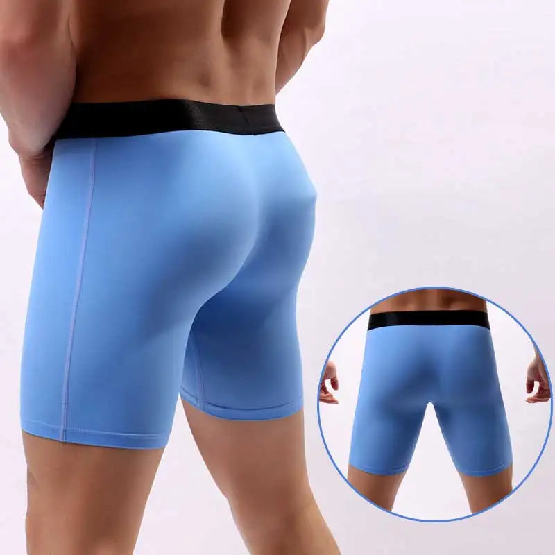 Ice Silk Lengthen Men Boxers Mid Waist Solid Underwear.