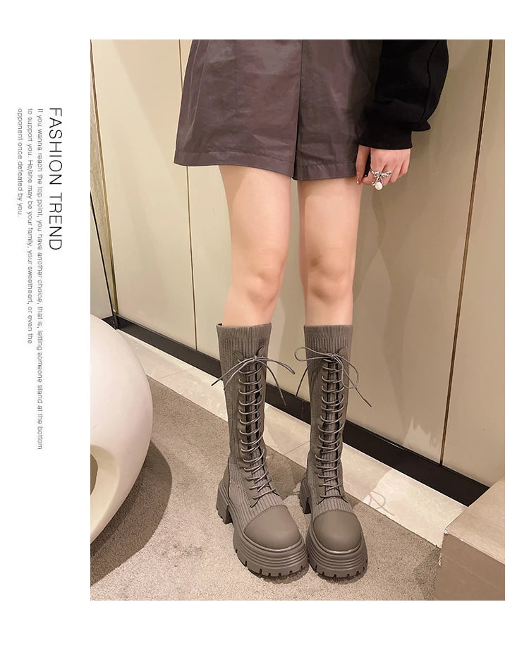 Chunky Platform Knitted Long 2022 Autumn Thick Bottom Warm Women Boots.