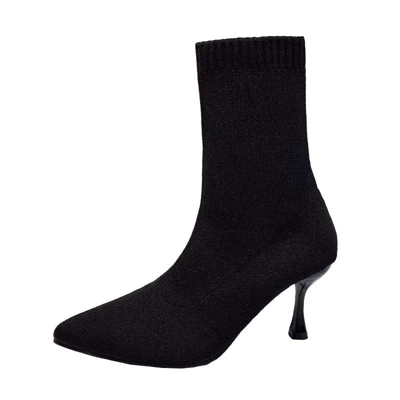 Female Shoes, 2024 Plus Size Knitted Ankle Boots Concise Stretch Boots Pointed Toe Slip on Thin Heels Shoes