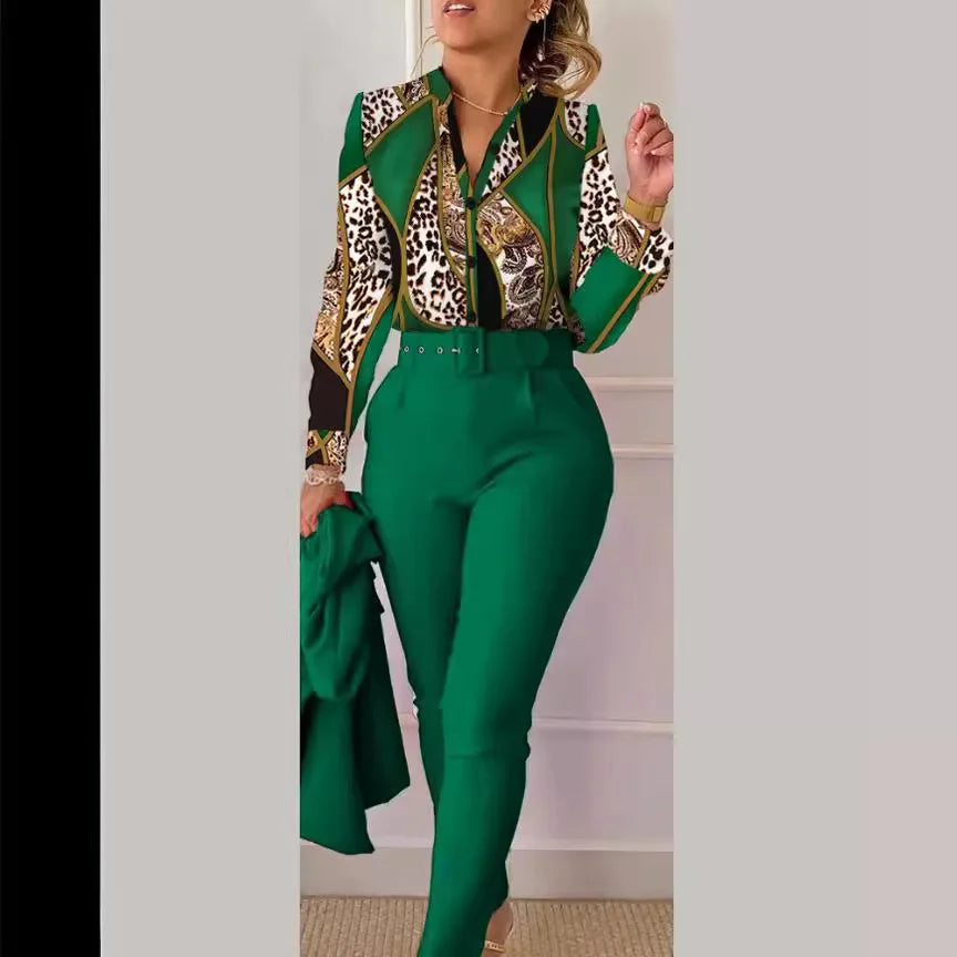 Fashion Printed Long Sleeved Women Suit Autumn and Winter Slim Fit Elegant Female Office 2 Piece Set