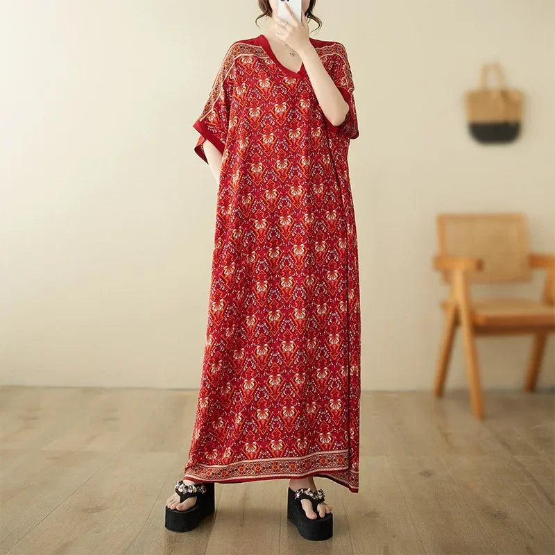 Boho Floral Cotton-Linen Summer Dress for Women – Ankle-Length, Loose Fit, O-Neck