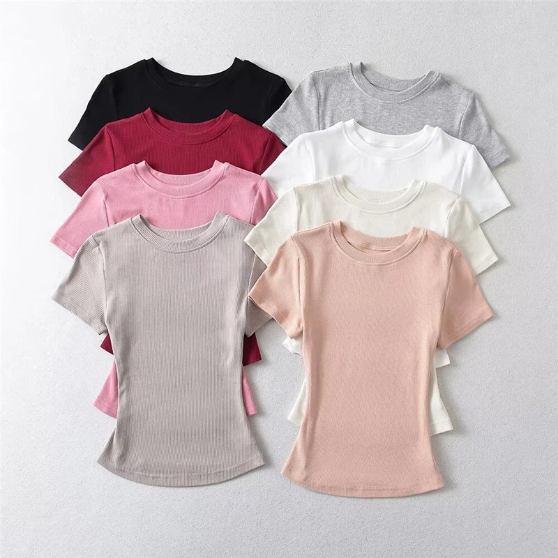 STVY Women's Slim Fit Solid Knit Tee with O-Neck - High Street Spring/Summer Top