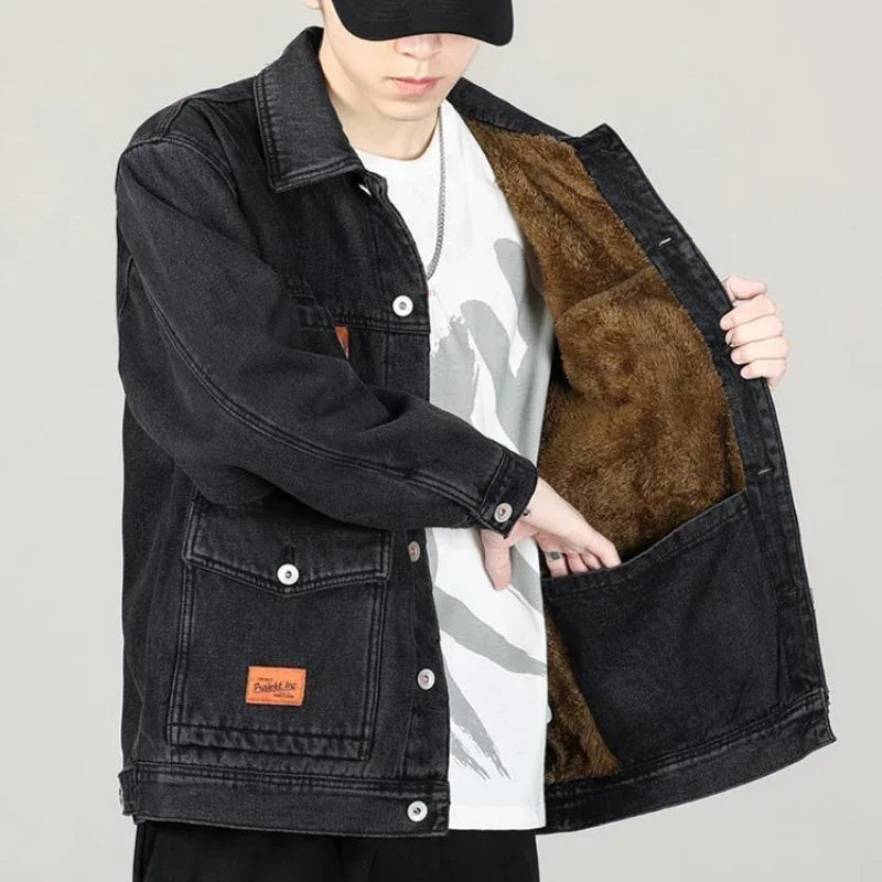 Shangkaka Men's Winter Denim Jacket – Japan Style with Patchwork Design and Detachable Lower Edge