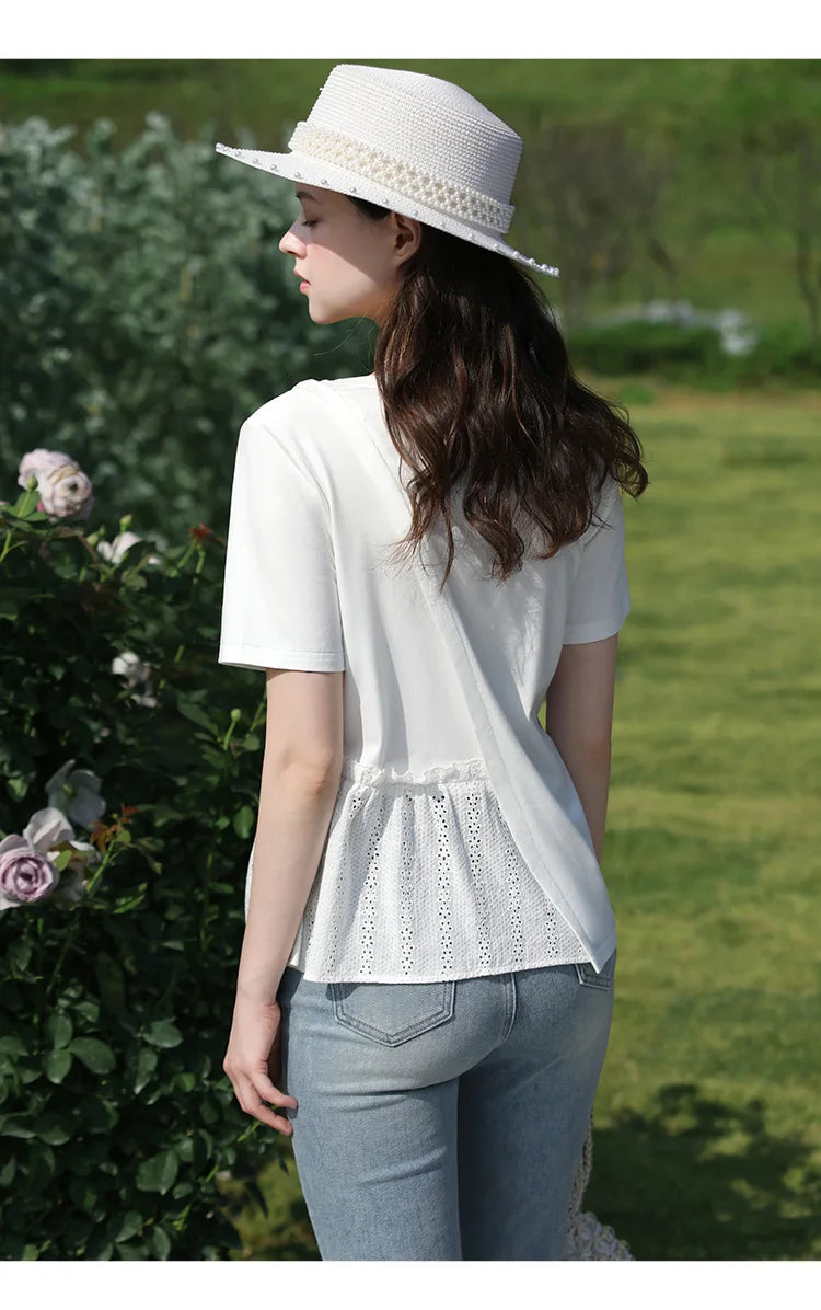 Summer New T-shirts For Women 2024 Spliced Hollow Out Pleated Short-sleeve Casual Fashion Female Blouse 2242015652