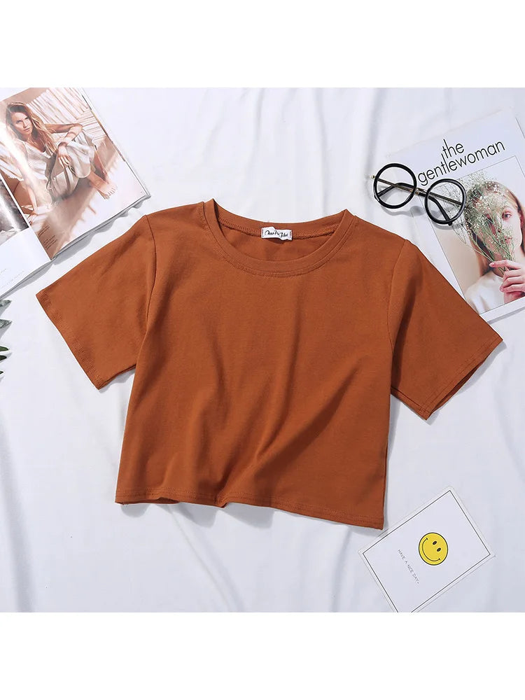 Summer Short Sleeve T Shirts Women  Solid O Neck High Waist Crop Top Tee Female Casual Loose T Shirt