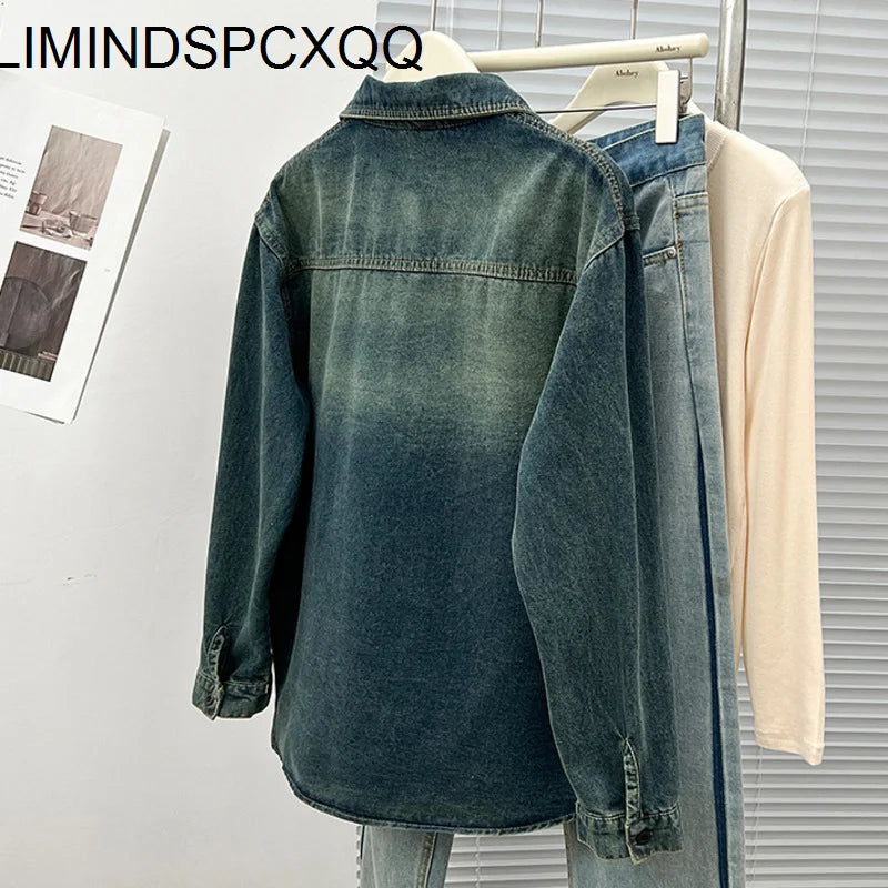 2024 Washed Blue Denim Shirt Jacket Women Spring Small Lapel Lazy Feeling Single Breasted Jean Coats