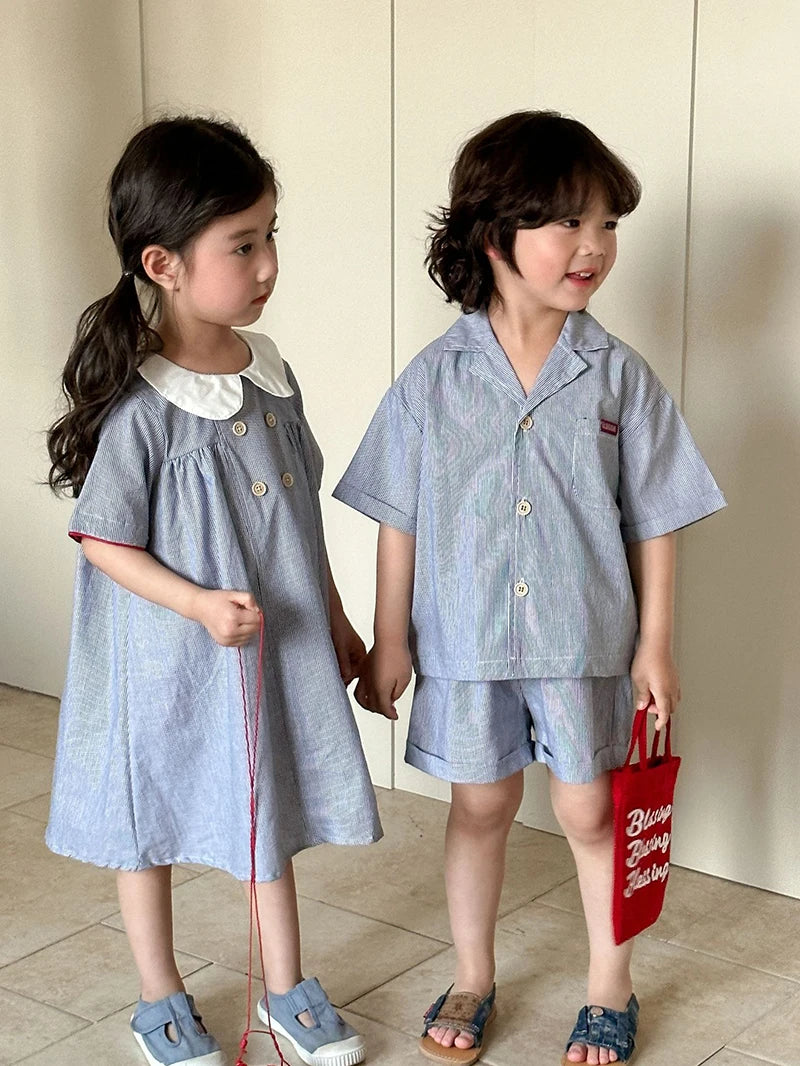 MILANCEL Unisex Summer Cotton Clothing Set for Kids (Ages 4–6) – Striped Short Sleeve Shirt and Shorts