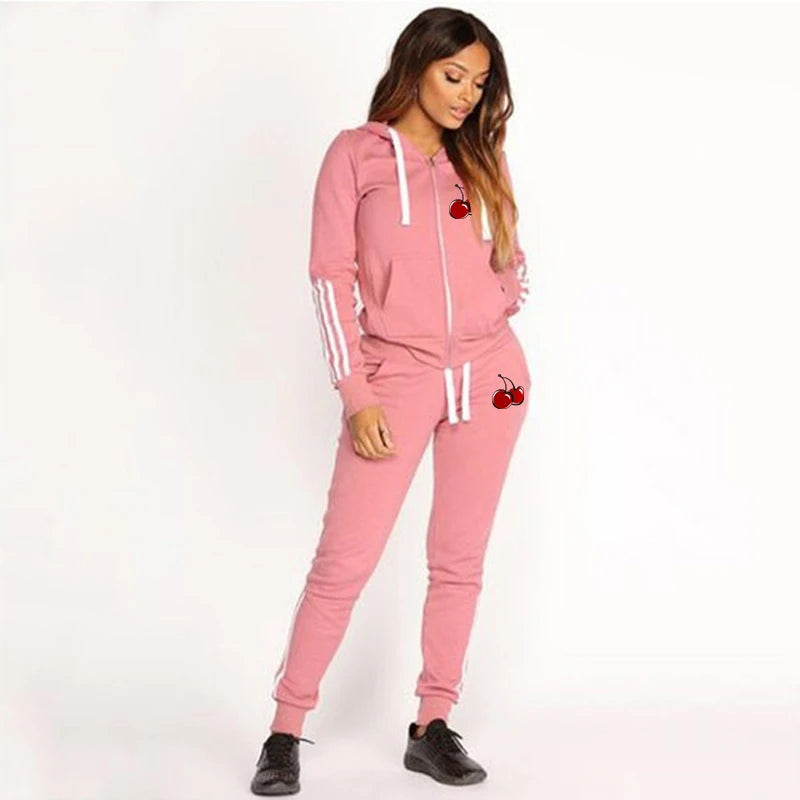 Newest  Fashion jogging Women Track Suits Sports Wear Cherry Printed Hoodies+Sweatpants