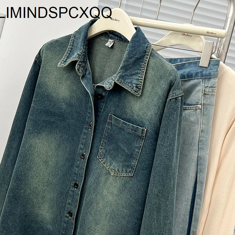 2024 Washed Blue Denim Shirt Jacket Women Spring Small Lapel Lazy Feeling Single Breasted Jean Coats