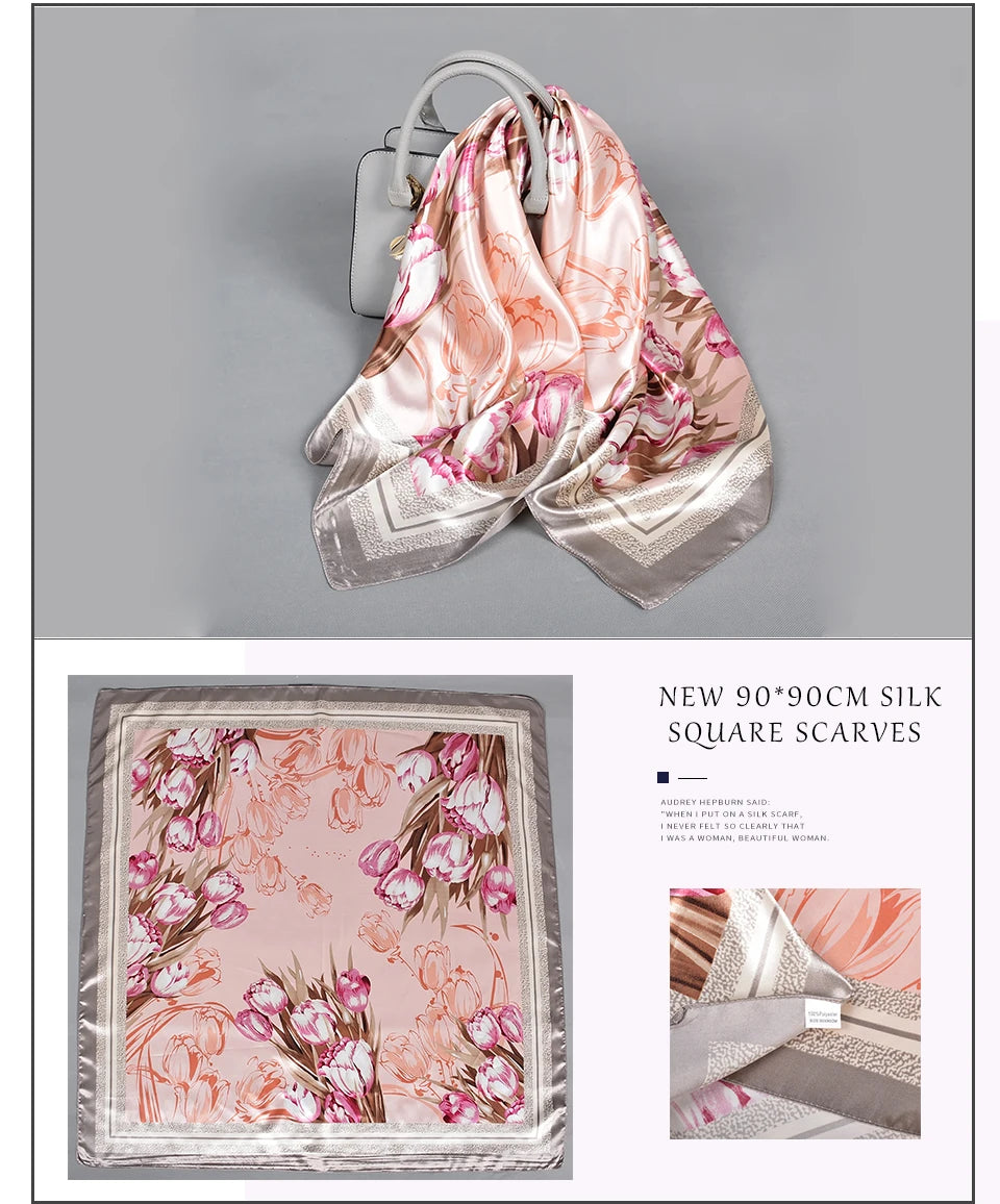 Pink New Elegant Floral Square Silk Satin Scarves