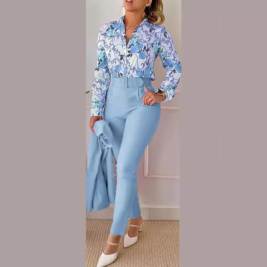 Fashion Printed Long Sleeved Women Suit Autumn and Winter Slim Fit Elegant Female Office 2 Piece Set