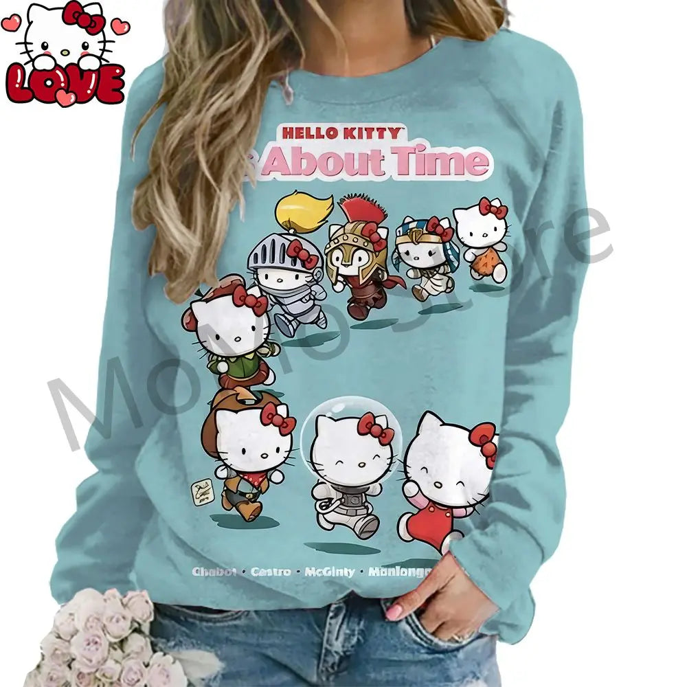 Women's Long Sleeve Hello Kitty O Neck Lovely Pullovers Y2k Streetwear shirt S-3XL New High Quality Kawaii Clothes