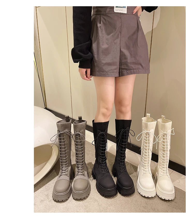 Chunky Platform Knitted Long 2022 Autumn Thick Bottom Warm Women Boots.