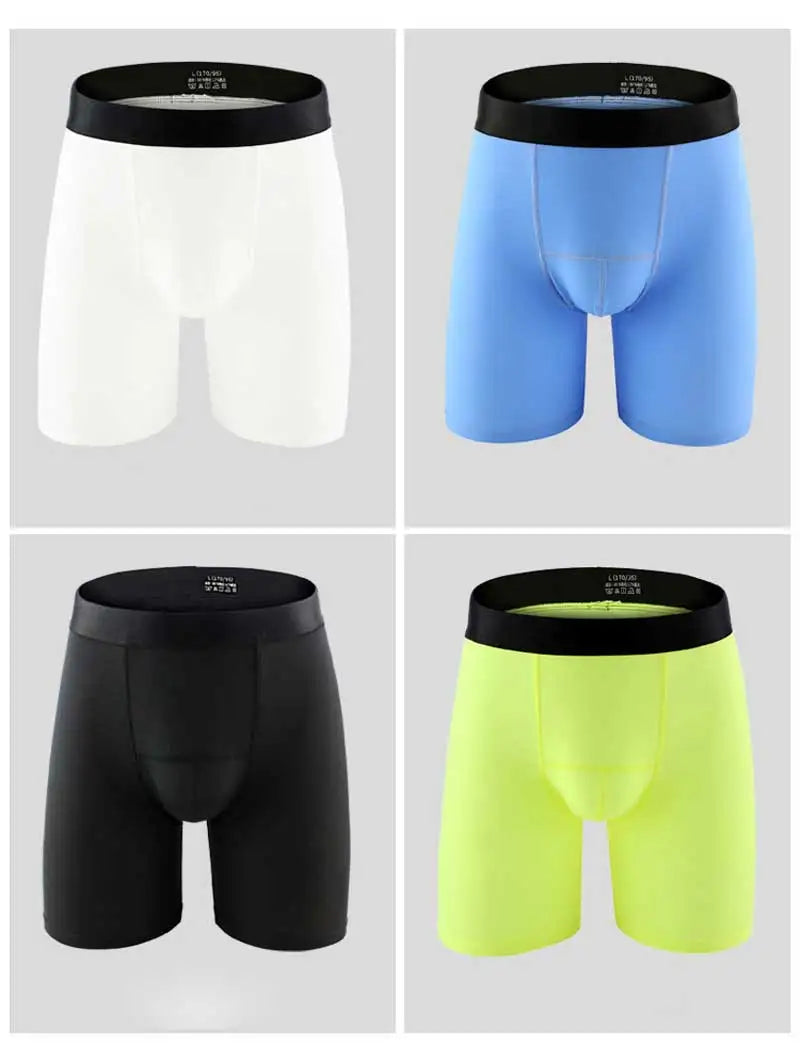 Ice Silk Lengthen Men Boxers Mid Waist Solid Underwear.