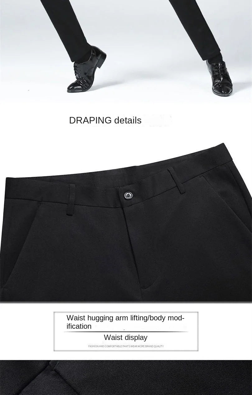 Men's Summer Casual Elastic Non-ironing Trousers coloured in Black Slim-fit Straight Business Formal Trousers