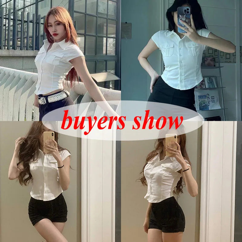 Skinny Short Sleeve Shirts Women Collar Pockets White T-Shirt Slim Fit Single-Breasted with black dress elegant cloth