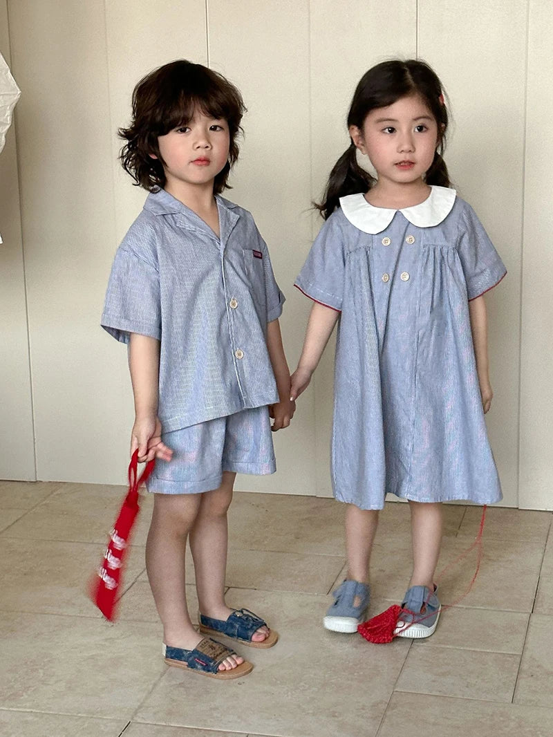 MILANCEL Unisex Summer Cotton Clothing Set for Kids (Ages 4–6) – Striped Short Sleeve Shirt and Shorts