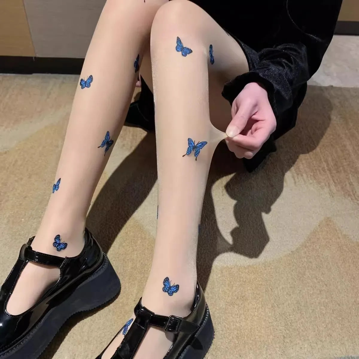 Sexy Women Black Tights Vintage Y2K Butterfly Print Transparent Silk  Summer Thight High Stockings