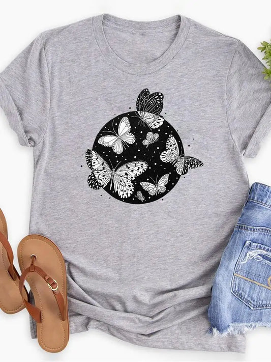 Butterfly Cute Sweet Graphic T-shirt Short Sleeve Summer Lady Shirt Tee