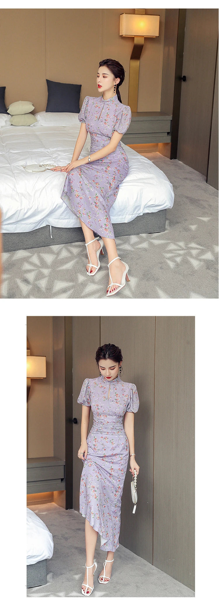 MingJieBiHuo Women's Sweet Asymmetrical Print Dress with Puff Sleeves – Summer Collection