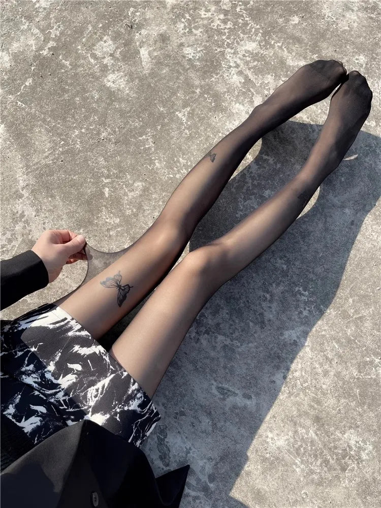 Sexy Women Black Tights Vintage Y2K Butterfly Print Transparent Silk  Summer Thight High Stockings