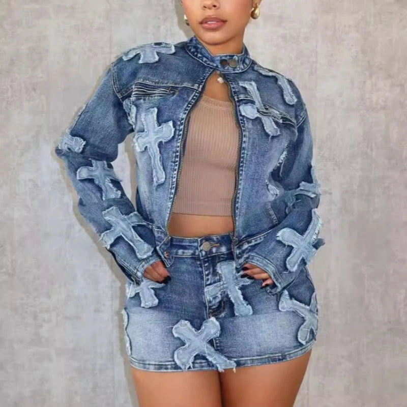 Luxury Brand Design 2024 Autumn Winter New In Denim jeans Jacket Tops And Mini Short Skirt Set For Women