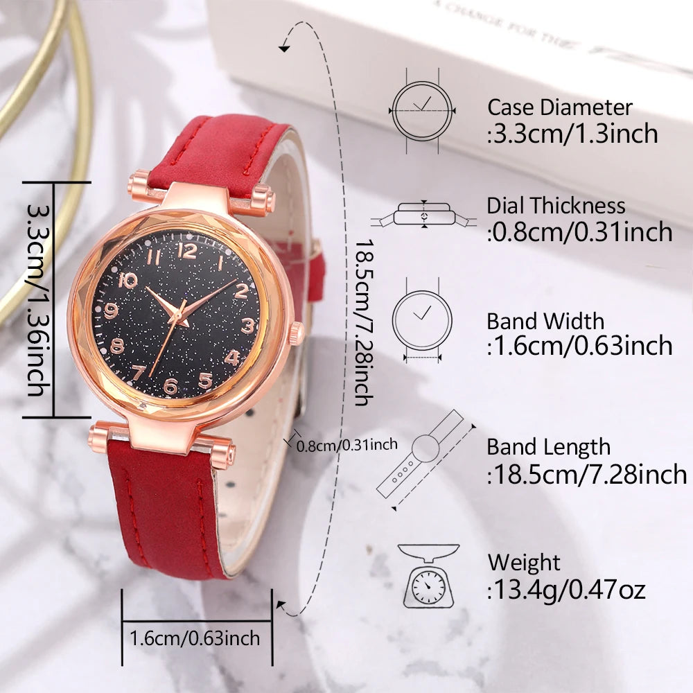 6PCS/Set Red Women's Watch With Minimalist Elements Dial Quartz Watch