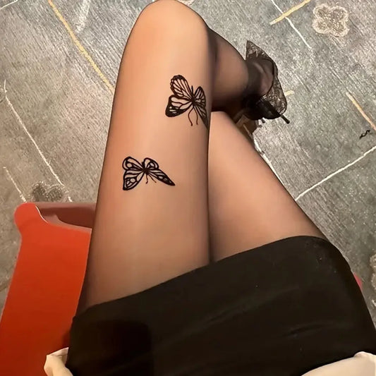 Sexy Women Black Tights Vintage Y2K Butterfly Print Transparent Silk  Summer Thight High Stockings