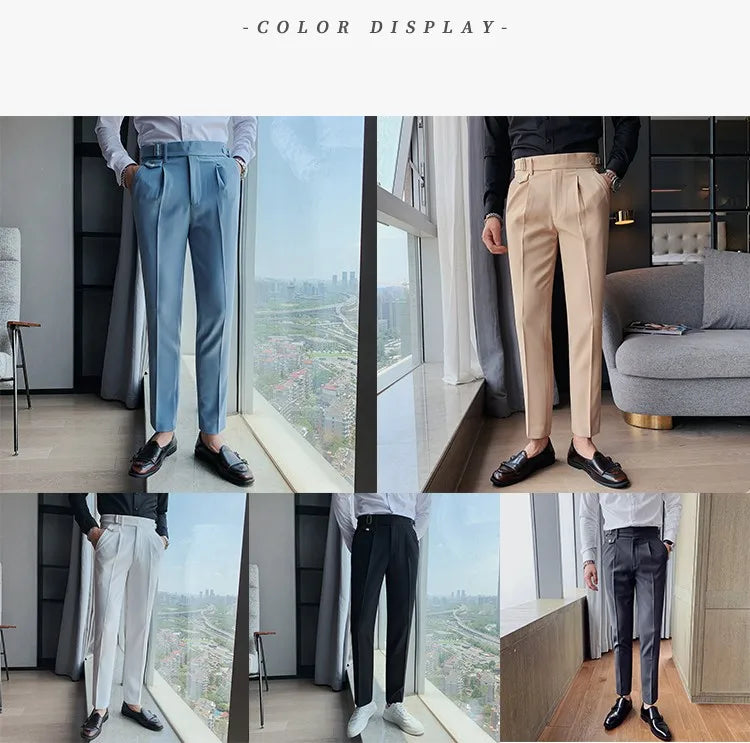 British Style New Solid High Waist Pant Men Business Formal Wear Trousers 2024 High Quality Slim Casual Office Suit