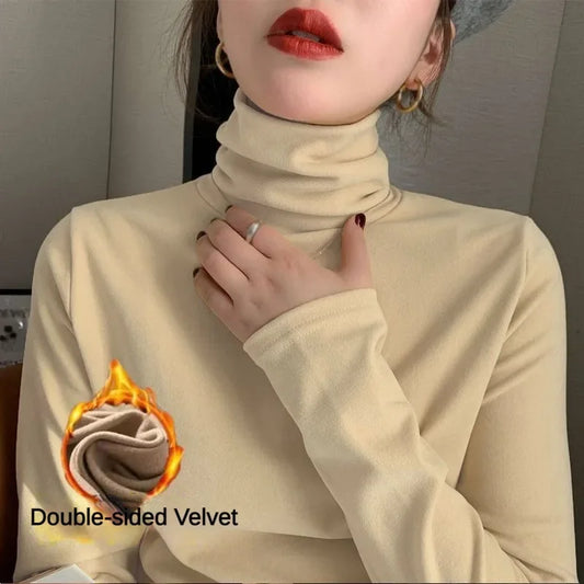 Fashion Fleece Casual Solid Plush Strecth T-Shirts Turtleneck Women High Collar Thick Autumn and Winter Basic Tops Undershirt