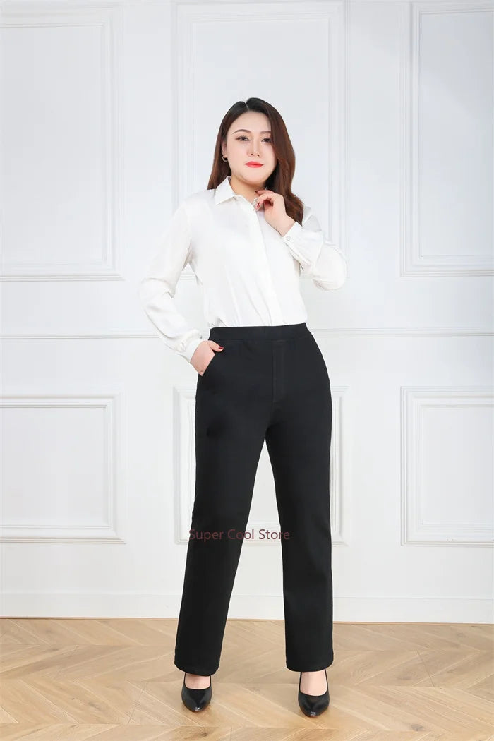 NoEnName_Null Women's High-Waist Cotton Elastic Denim Straight-Leg Jeans with Pockets – Autumn/Winter