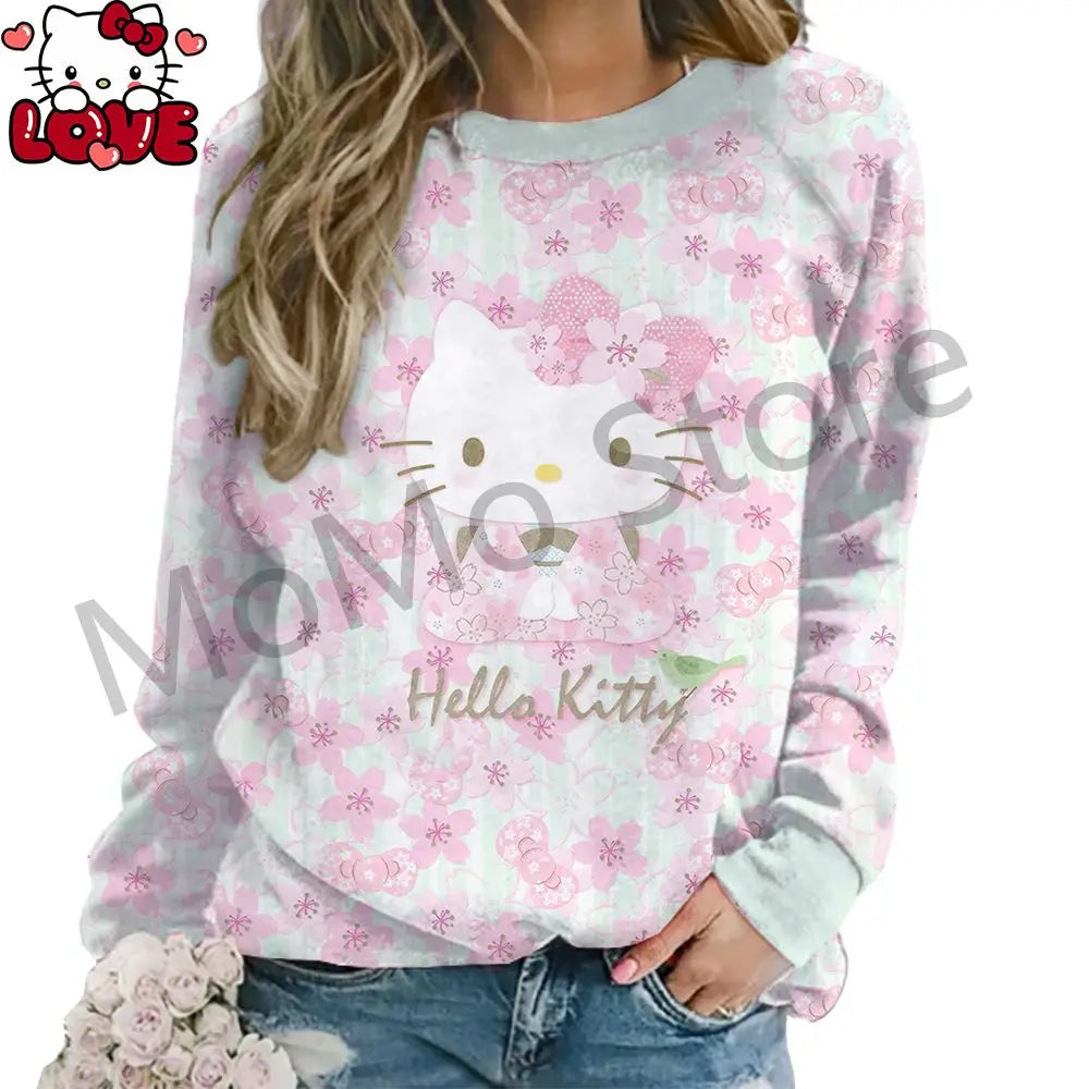 Women's Long Sleeve Hello Kitty O Neck Lovely Pullovers Y2k Streetwear shirt S-3XL New High Quality Kawaii Clothes