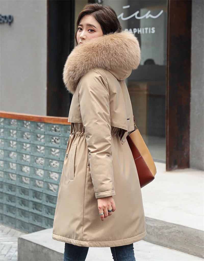 Winter Jacket 2023 New Women's Clothes Long Coat Wool Liner Hooded Jacket Fur Collar Thick Warm Snow Wear