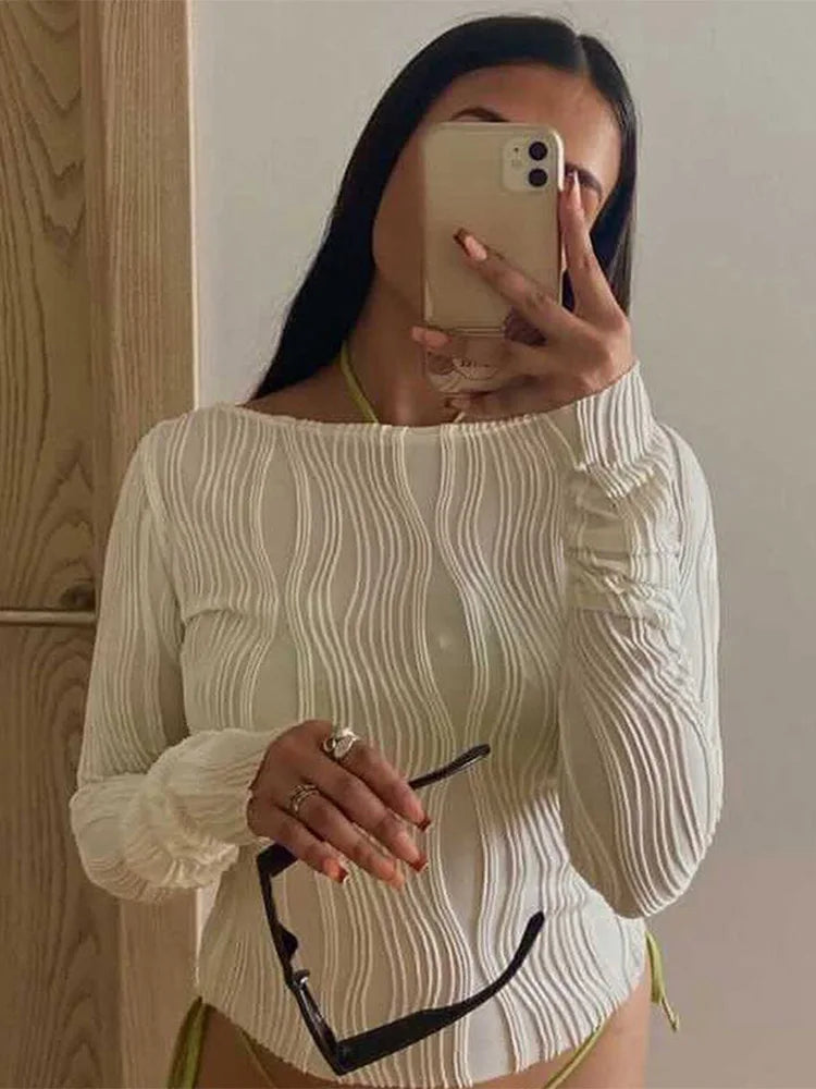 Woman Fashion Casual Ruched Long Sleeve T-shirt Blouses White Skinny Cropped Bottoming Shirt