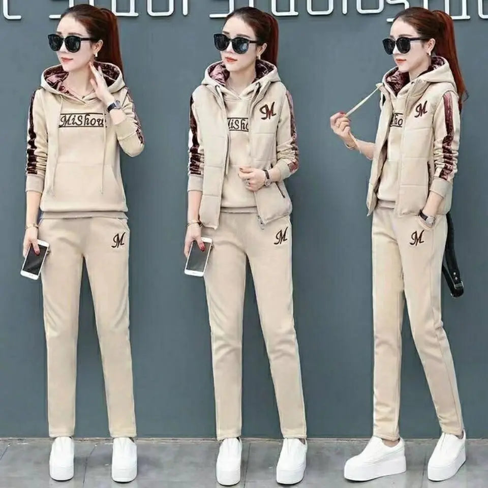 2024 Winter New Stripe Splice Long Sleeve Hooded Vest Casual Pants Three Piece Elegant Women's Running Sport Set