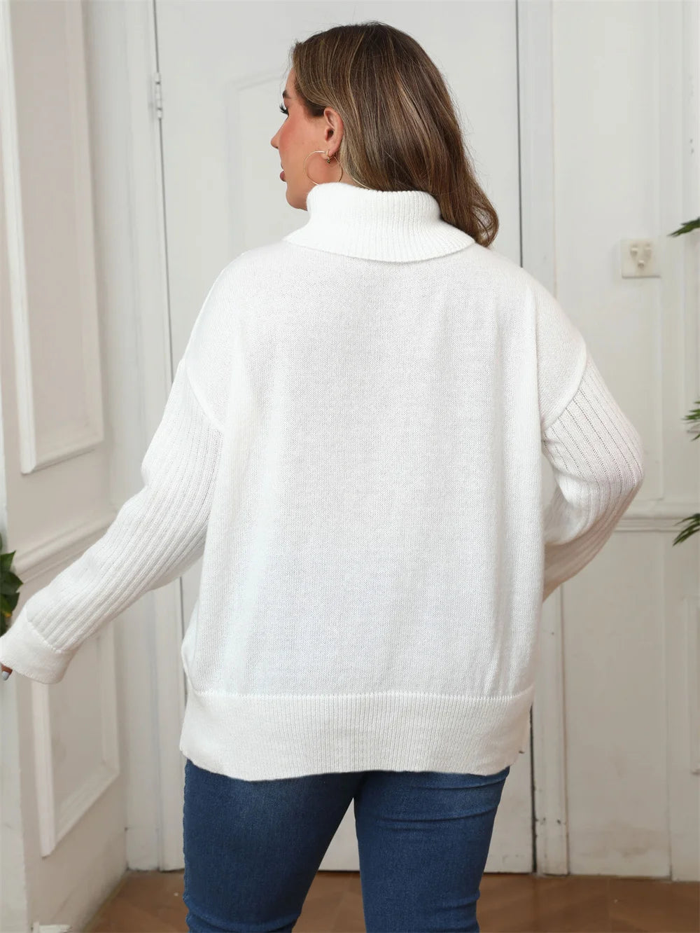 Plus Size Women's Turtleneck  Autumn Winter Drop Shoulder Button Casual Warm Pullover Female White Jumper