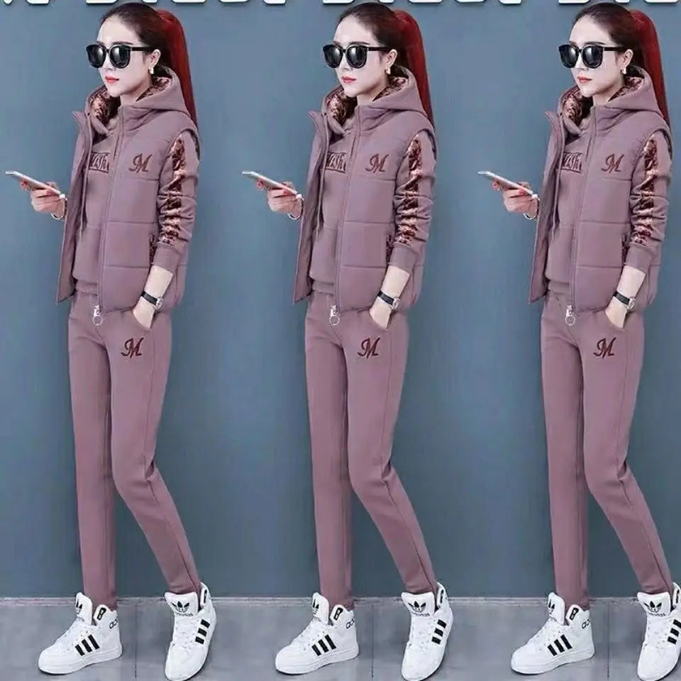 2024 Winter New Stripe Splice Long Sleeve Hooded Vest Casual Pants Three Piece Elegant Women's Running Sport Set