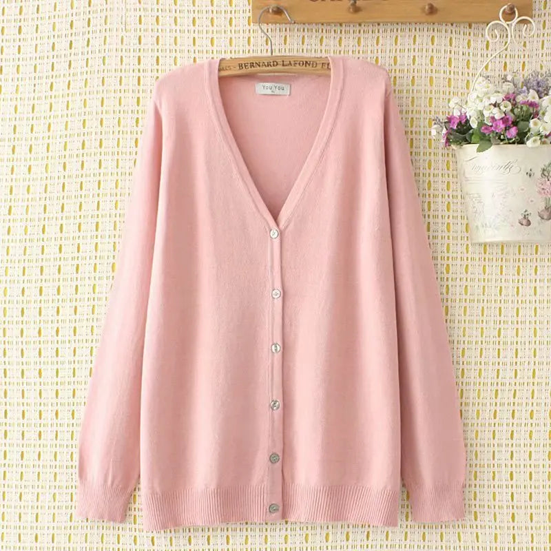 Plus Size Jumper Autumn Long Sleeve V-Neck WOMEN Mercerised Cotton Knitted Cardigan Spring Brief Solid Color Knitwear