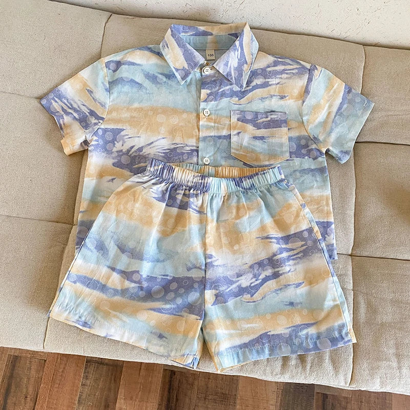 MILANCEL Unisex Summer Patchwork Clothing Set for Kids (Ages 4–6Y) – Cotton Shirt and Shorts Vacation Outfit