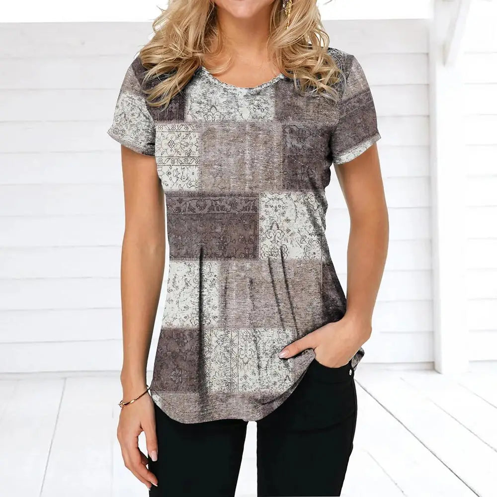 NoEnName_Null Women’s 3D Print Patchwork T-Shirt – Casual American Retro O-Neck Short Sleeve Top