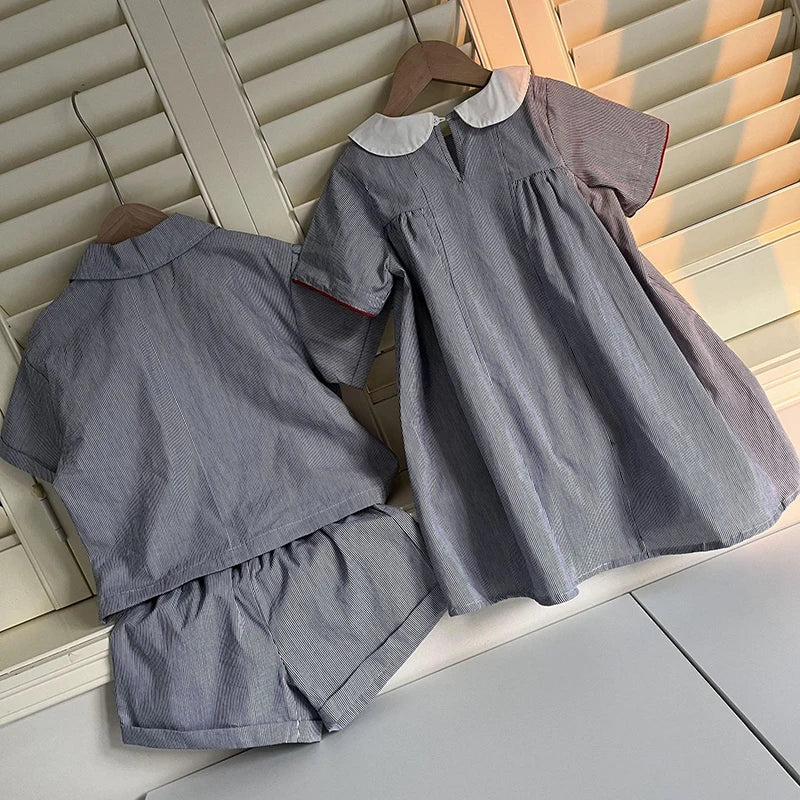 MILANCEL Unisex Summer Cotton Clothing Set for Kids (Ages 4–6) – Striped Short Sleeve Shirt and Shorts