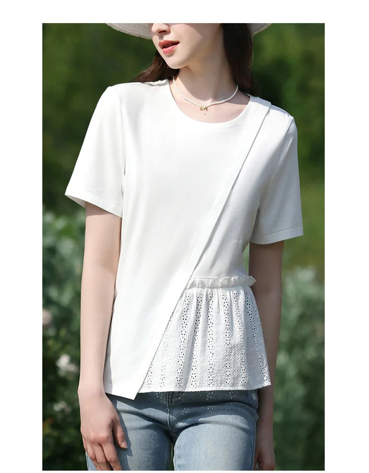 Summer New T-shirts For Women 2024 Spliced Hollow Out Pleated Short-sleeve Casual Fashion Female Blouse 2242015652